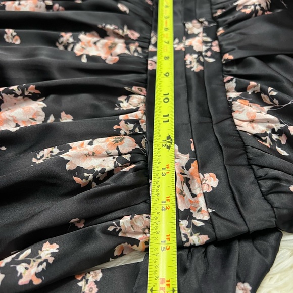 Pinch Women’s Black Satin Smoked Maxi Slit Floral Long Sleeve V Neck Dress Med - Picture 6 of 15